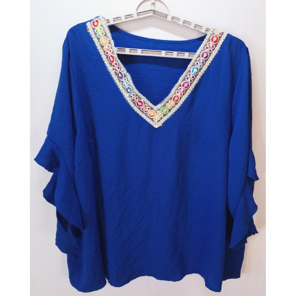 Shein Women's Curve Ruffled Flare Sleeve Top, 4XL, Royal Blue, Embellished Neck